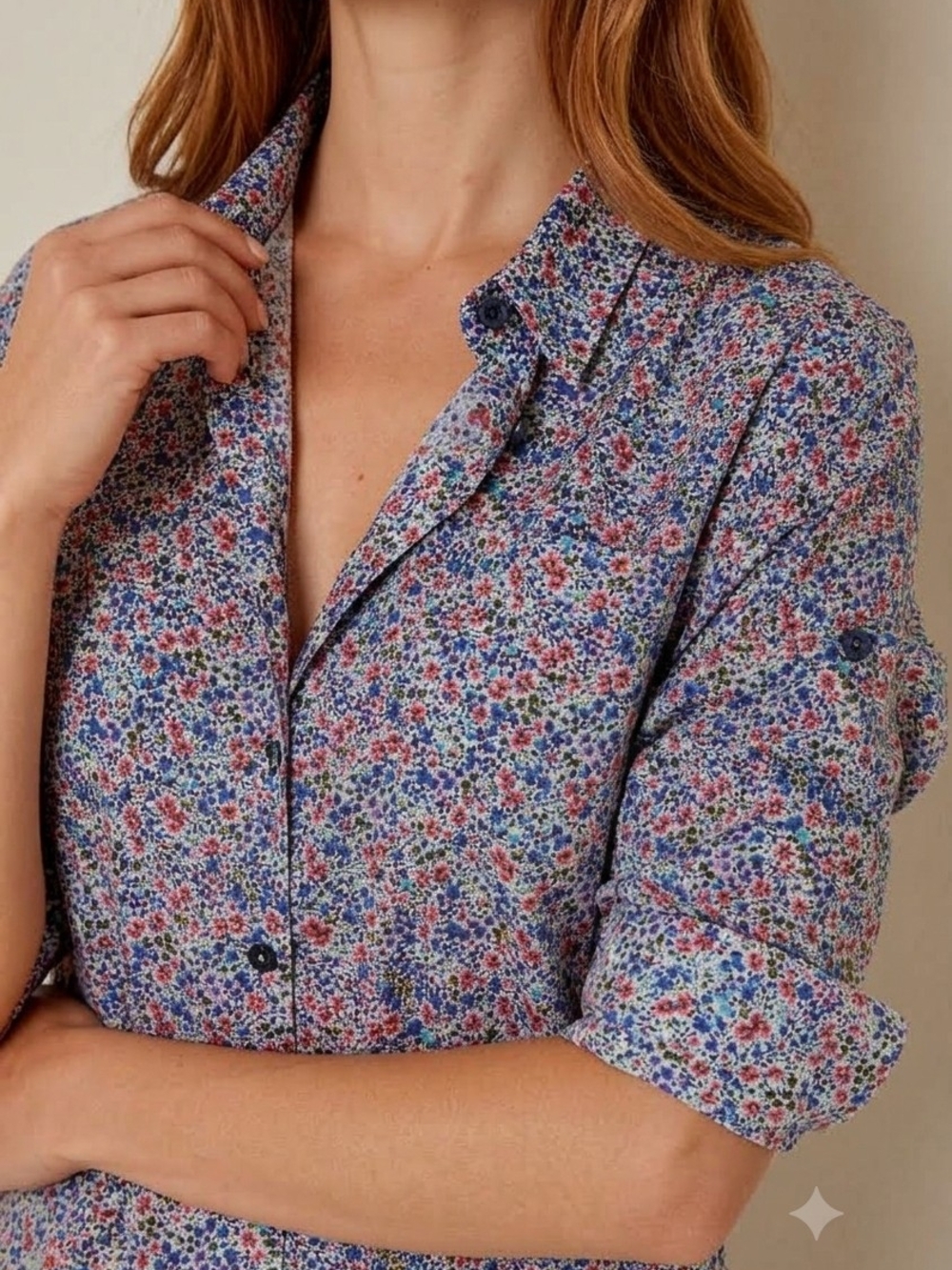 LC Lauren Conrad Floral Blue Ditsy Button-Down Long Sleeve Shirt Blouse XL